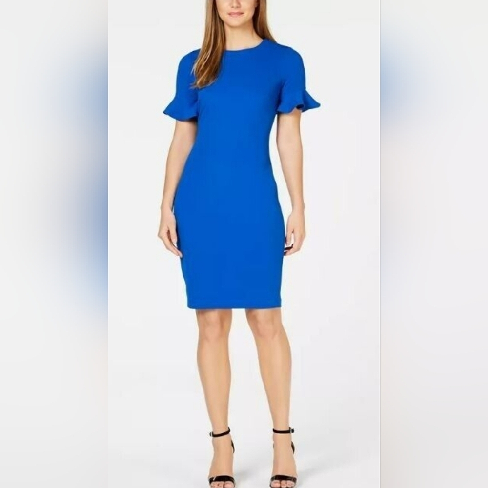 Calvin Klein Women's Petite Petal-Sleeve Sheath Dress, size 4P, Blue